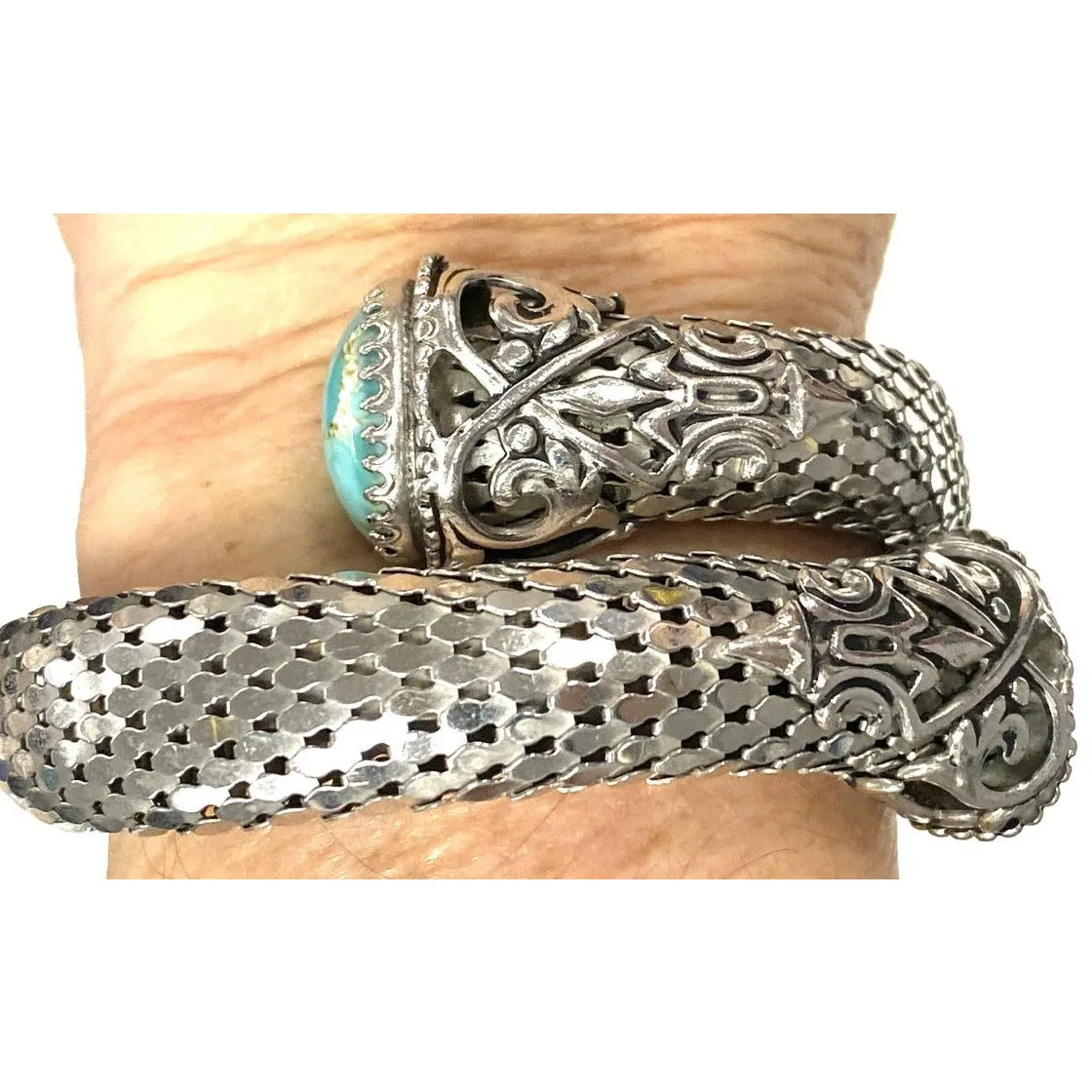 Vintage Whiting & Davis Vintage  Coil Silver Mesh Bracelet w/Cabochon Czech Glass Stone