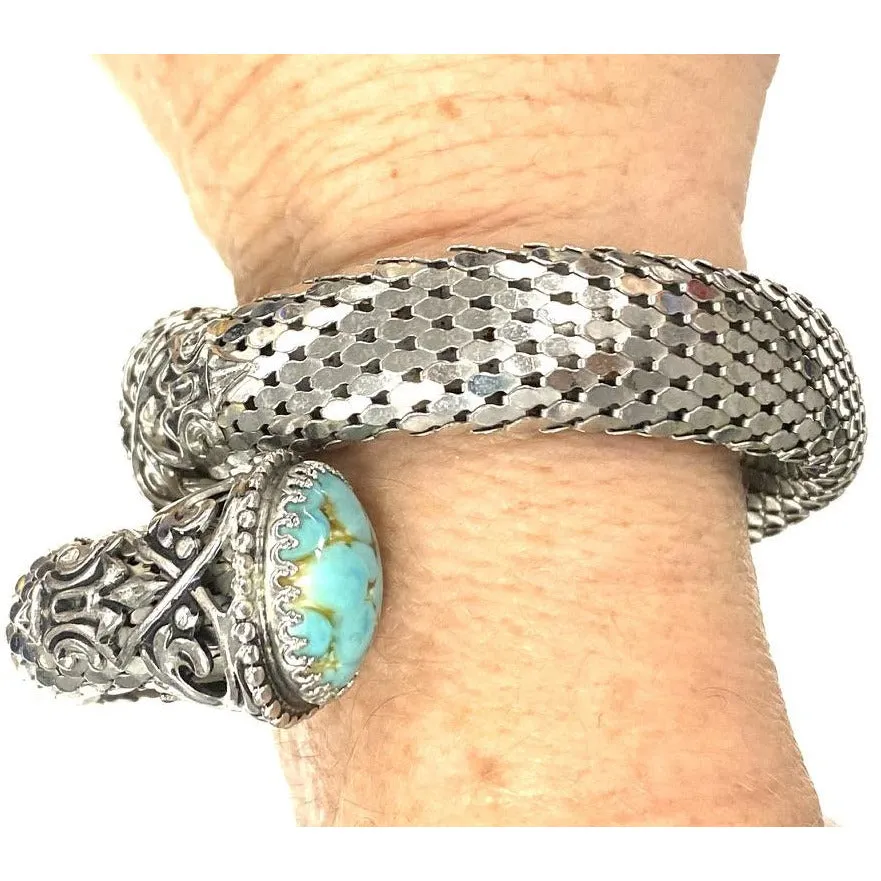 Vintage Whiting & Davis Vintage  Coil Silver Mesh Bracelet w/Cabochon Czech Glass Stone