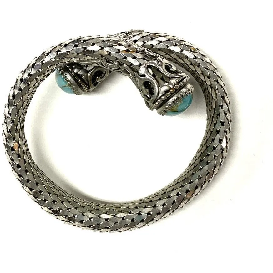 Vintage Whiting & Davis Vintage  Coil Silver Mesh Bracelet w/Cabochon Czech Glass Stone