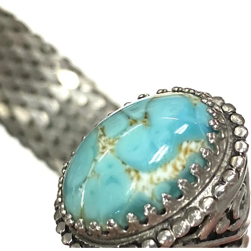 Vintage Whiting & Davis Vintage  Coil Silver Mesh Bracelet w/Cabochon Czech Glass Stone