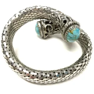 Vintage Whiting & Davis Vintage  Coil Silver Mesh Bracelet w/Cabochon Czech Glass Stone