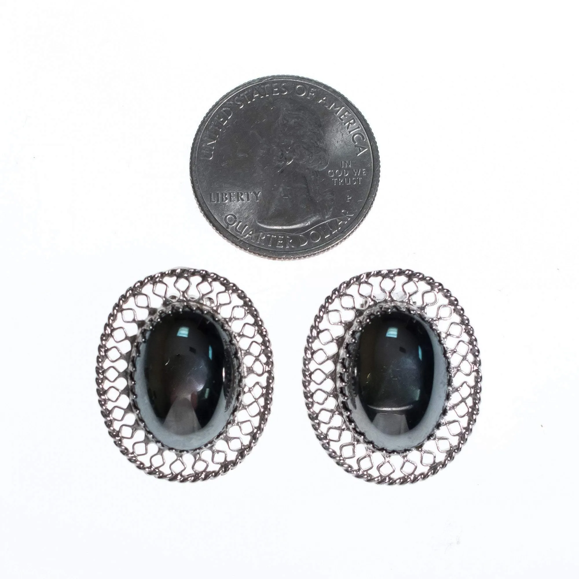 Vintage Whiting and Davis Hematite Earrings with Silver Lattice Details
