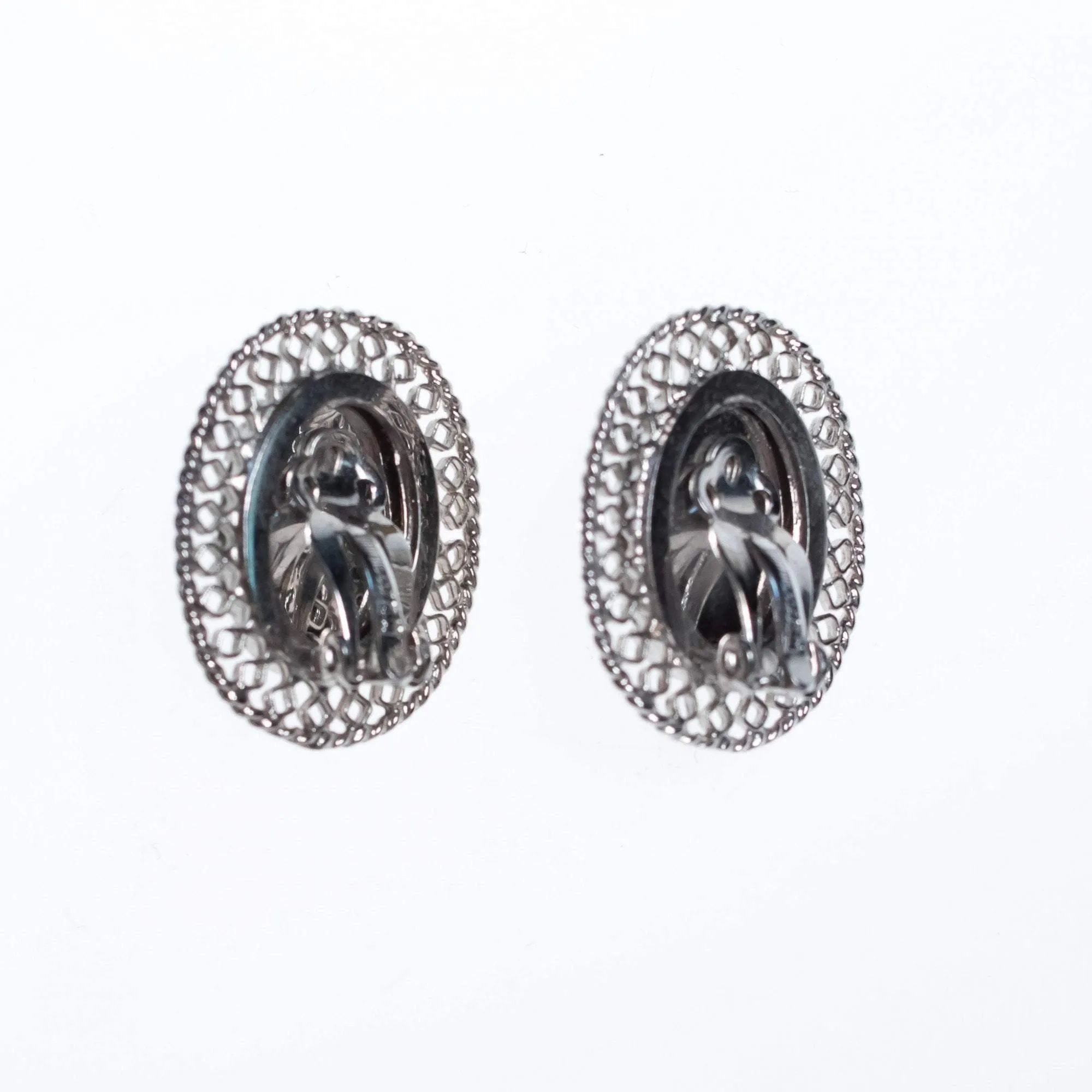 Vintage Whiting and Davis Hematite Earrings with Silver Lattice Details
