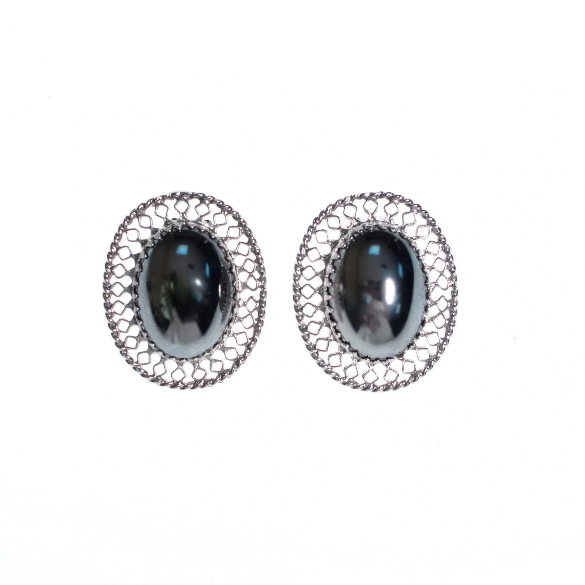 Vintage Whiting and Davis Hematite Earrings with Silver Lattice Details