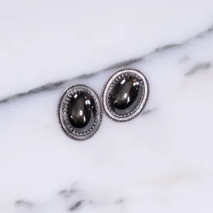 Vintage Whiting and Davis Victorian Revival Oval Hematite Glass Statement Earrings