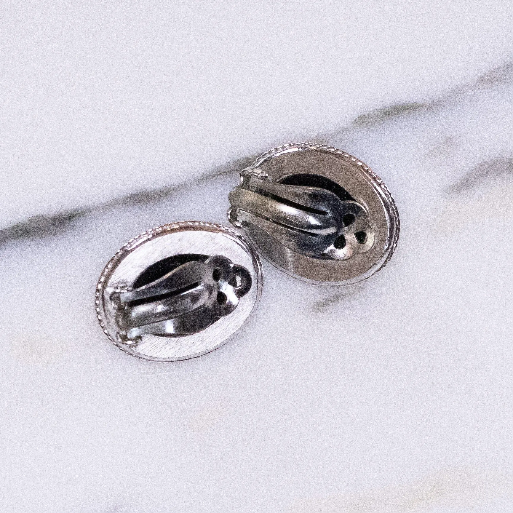 Vintage Whiting and Davis Victorian Revival Oval Hematite Glass Statement Earrings