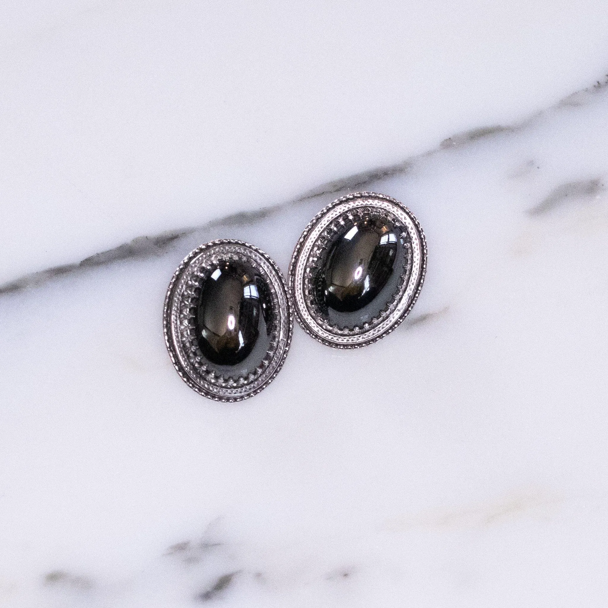 Vintage Whiting and Davis Victorian Revival Oval Hematite Glass Statement Earrings