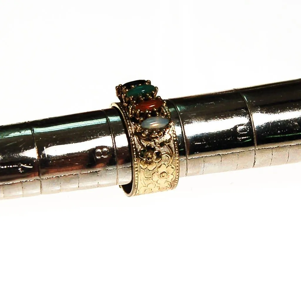 Vogue Renaissance Revival Wide Band Adjustable Ring with Faux Jade, Onyx, Carnelia, and Opaline