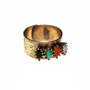 Vogue Renaissance Revival Wide Band Adjustable Ring with Faux Jade, Onyx, Carnelia, and Opaline