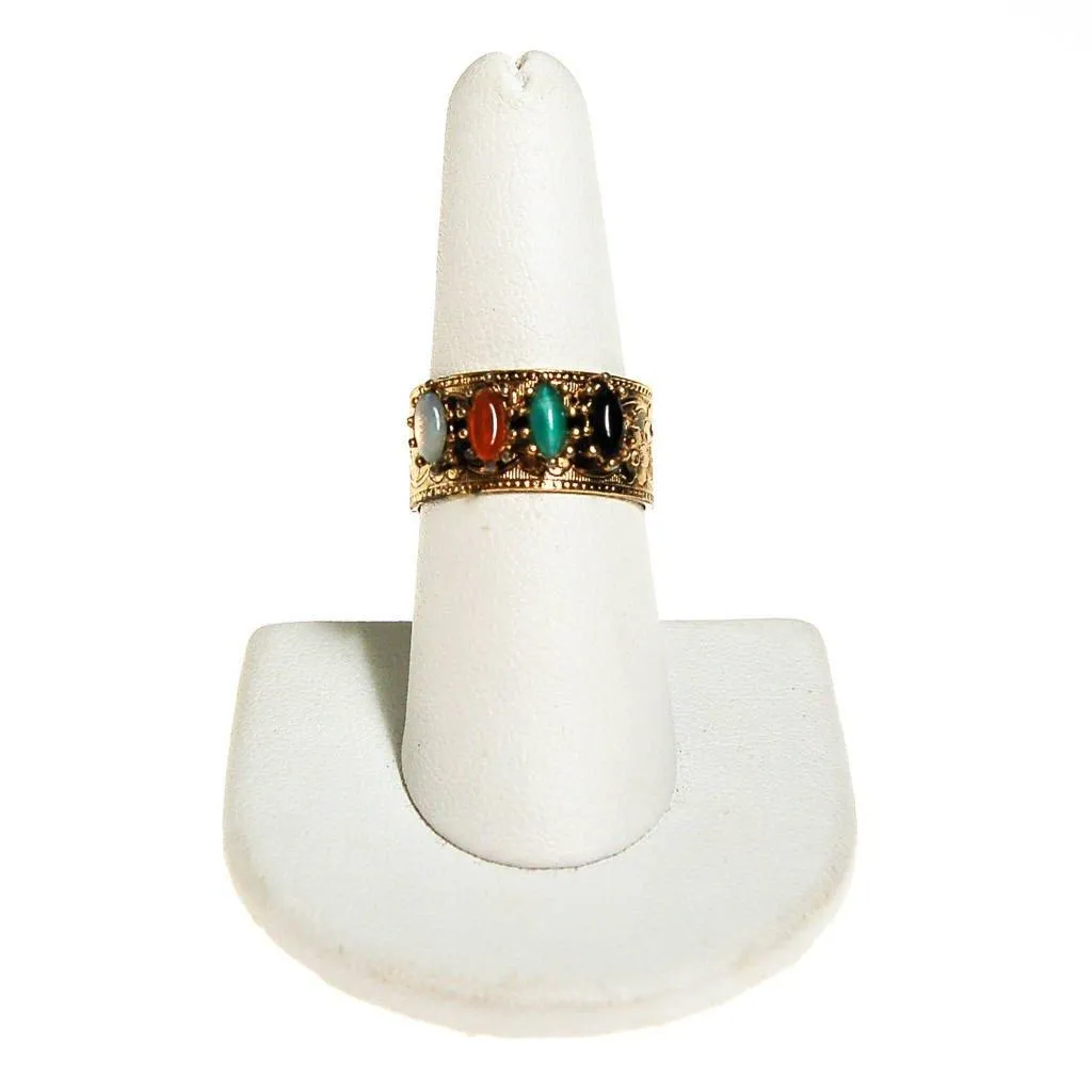 Vogue Renaissance Revival Wide Band Adjustable Ring with Faux Jade, Onyx, Carnelia, and Opaline