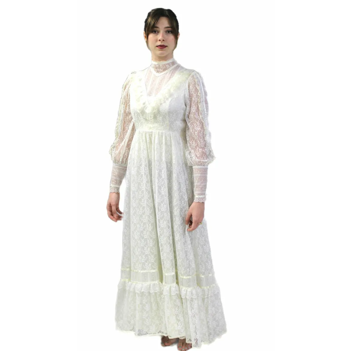 VTG 70s Jessica Mcclintock Gunne Sax White Floral Lace Wedding Dress S NWOT