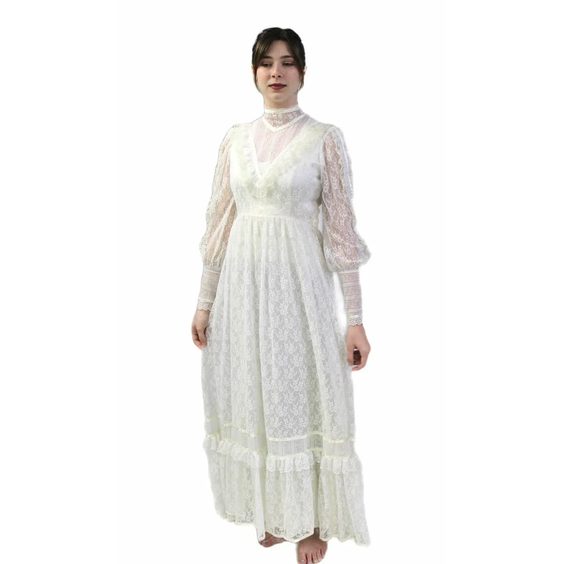 VTG 70s Jessica Mcclintock Gunne Sax White Floral Lace Wedding Dress S NWOT