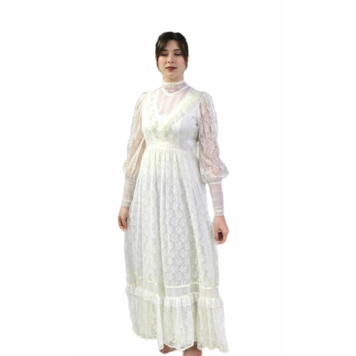 VTG 70s Jessica Mcclintock Gunne Sax White Floral Lace Wedding Dress S NWOT