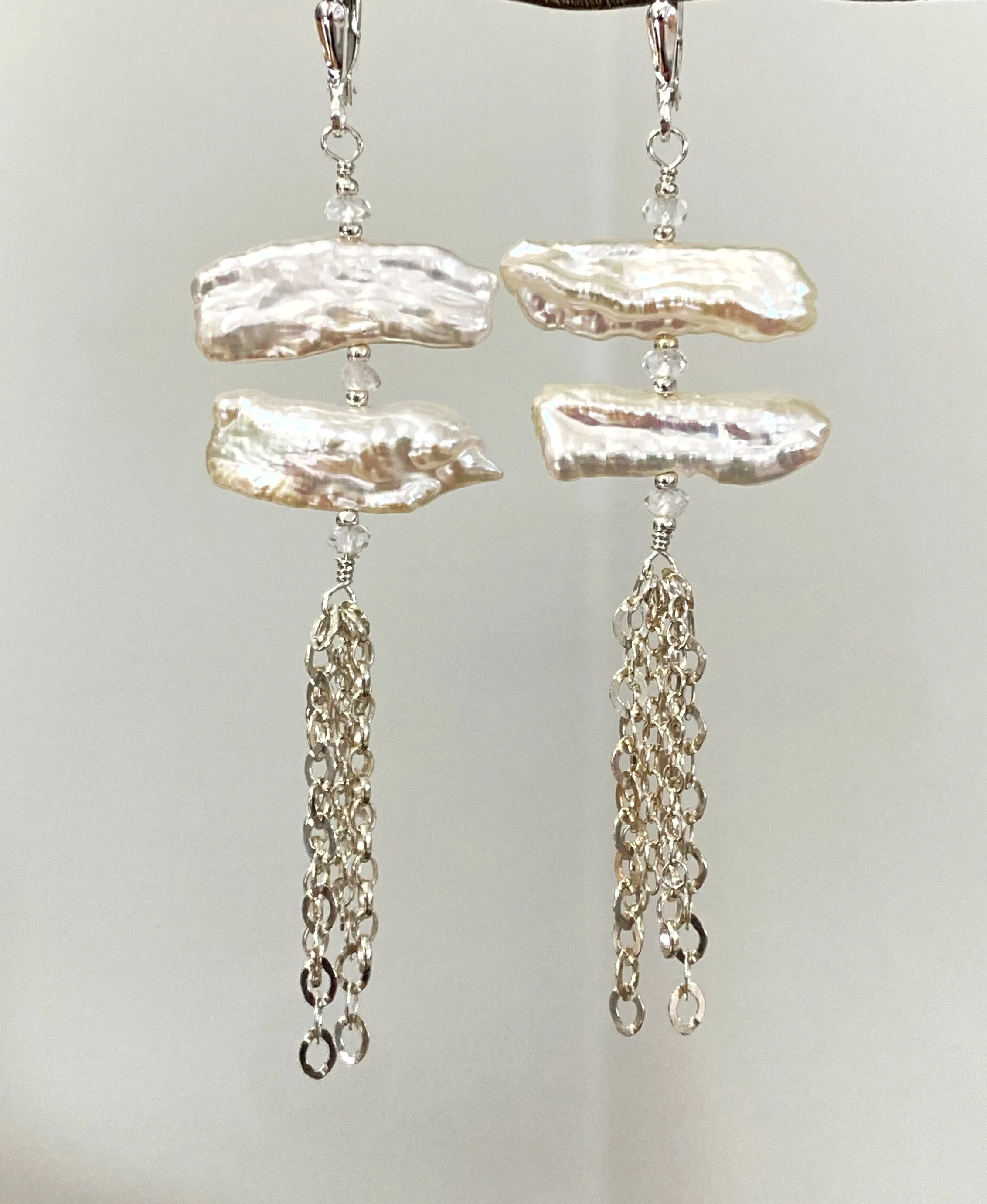White Biwa Pearl Chain Dangle Earrings Sterling Silver