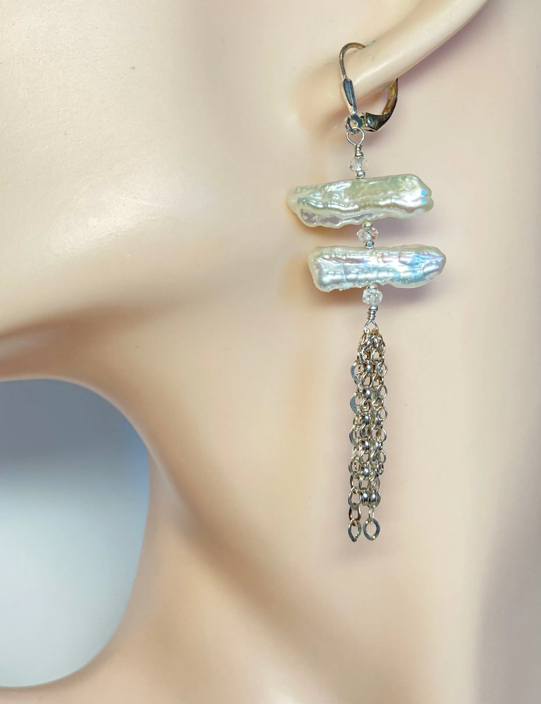 White Biwa Pearl Chain Dangle Earrings Sterling Silver