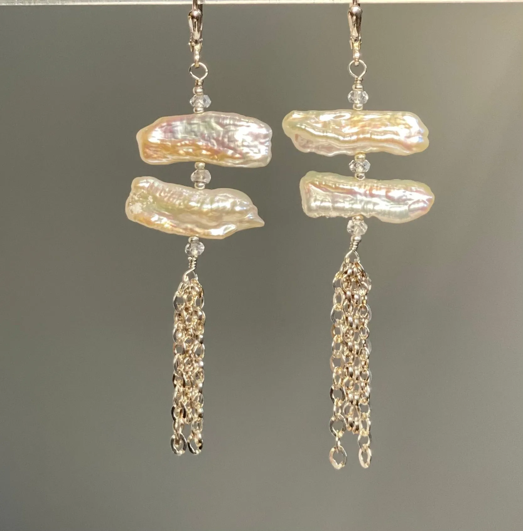 White Biwa Pearl Chain Dangle Earrings Sterling Silver