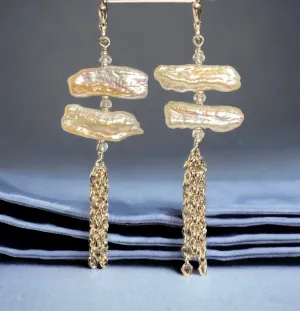 White Biwa Pearl Chain Dangle Earrings Sterling Silver