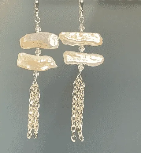 White Biwa Pearl Chain Dangle Earrings Sterling Silver