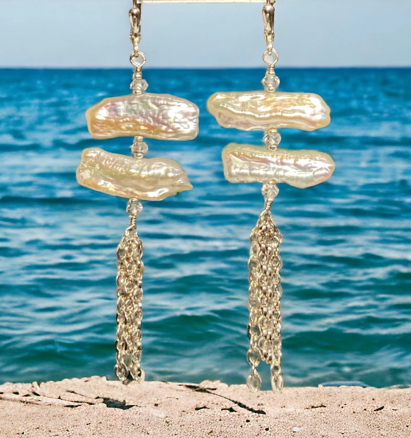 White Biwa Pearl Chain Dangle Earrings Sterling Silver