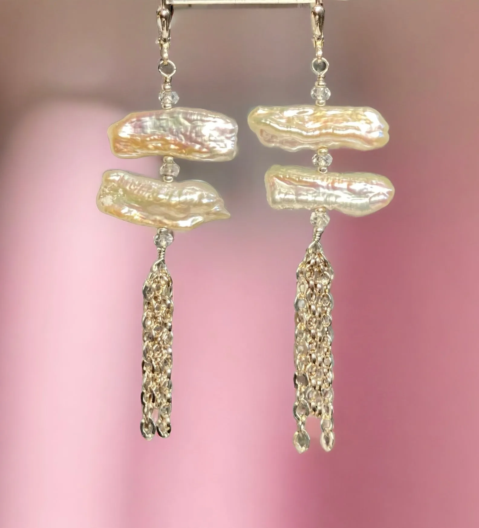 White Biwa Pearl Chain Dangle Earrings Sterling Silver
