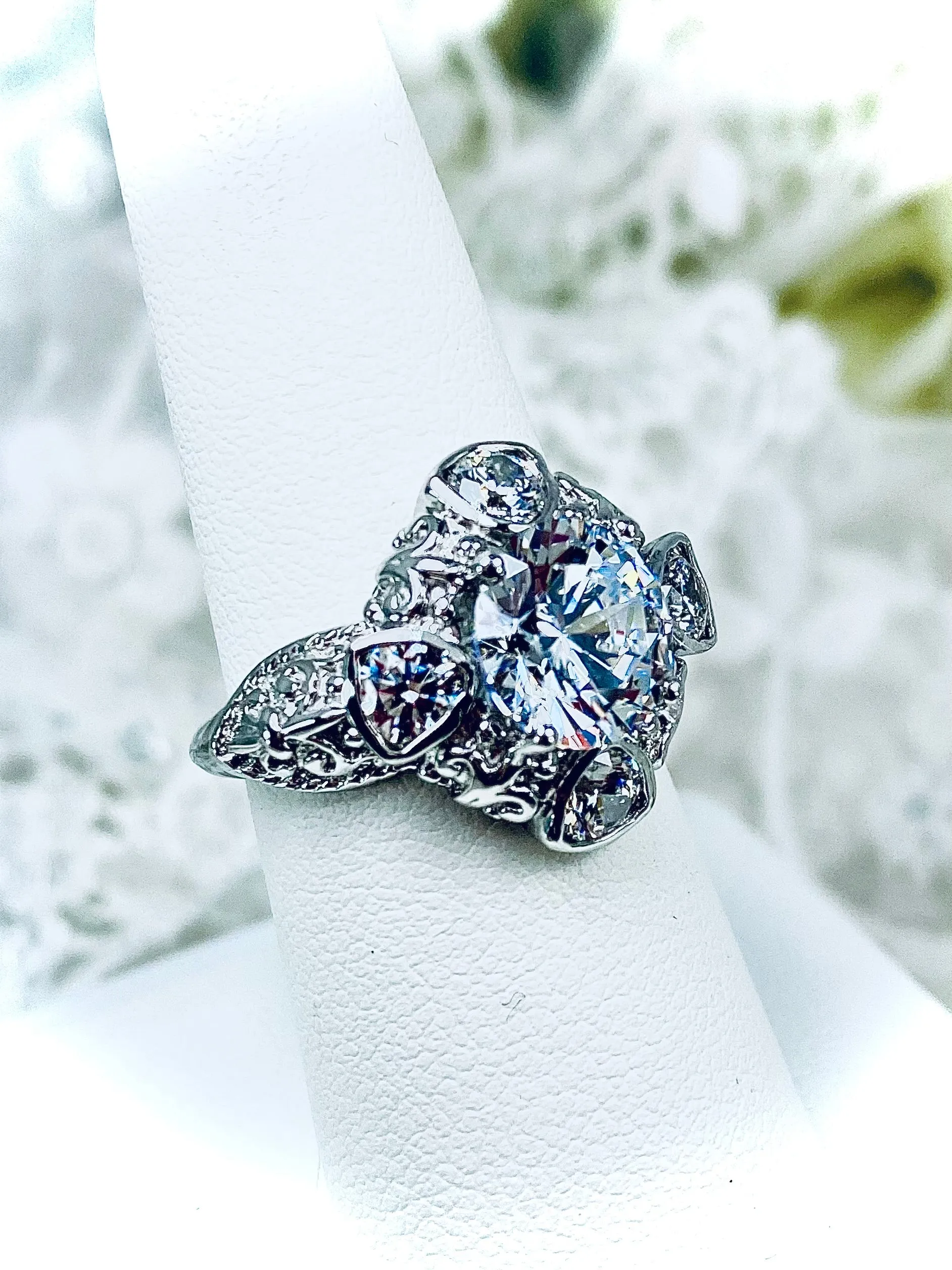 White CZ 5-Gem Art Deco Ring, Vintage Revival Jewelry #D138