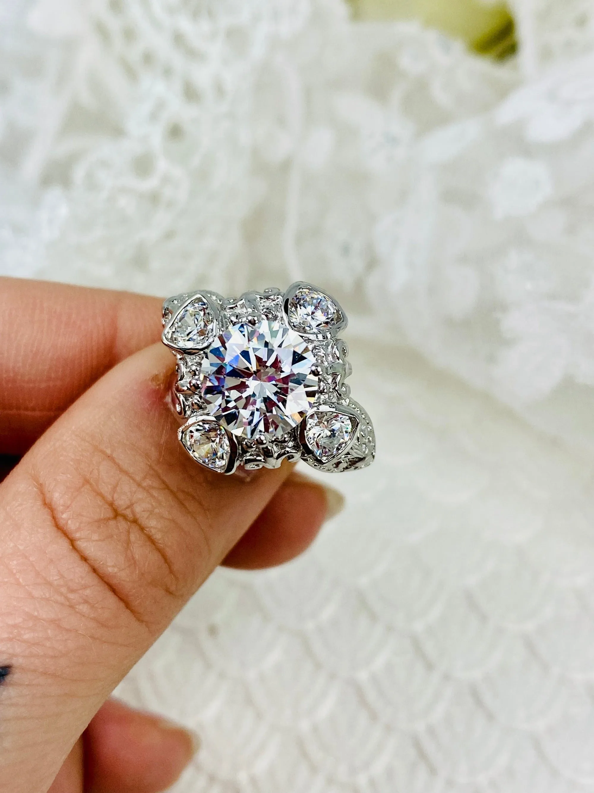 White CZ 5-Gem Art Deco Ring, Vintage Revival Jewelry #D138