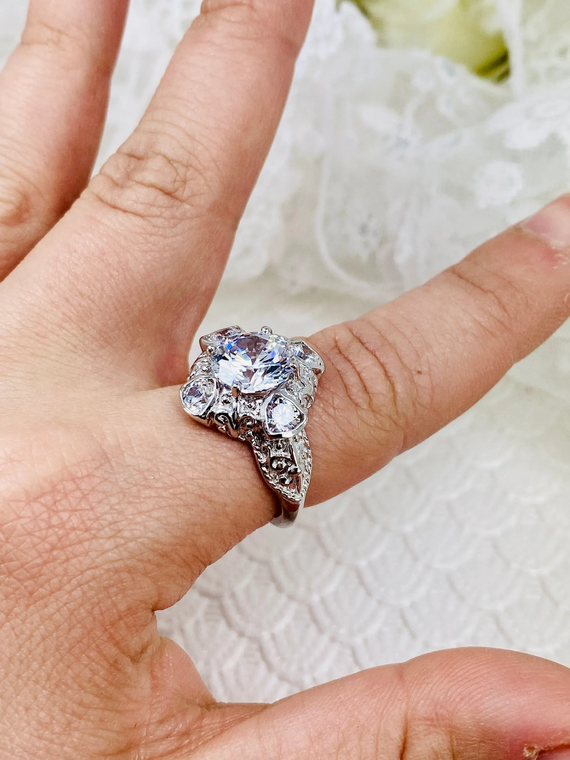 White CZ 5-Gem Art Deco Ring, Vintage Revival Jewelry #D138