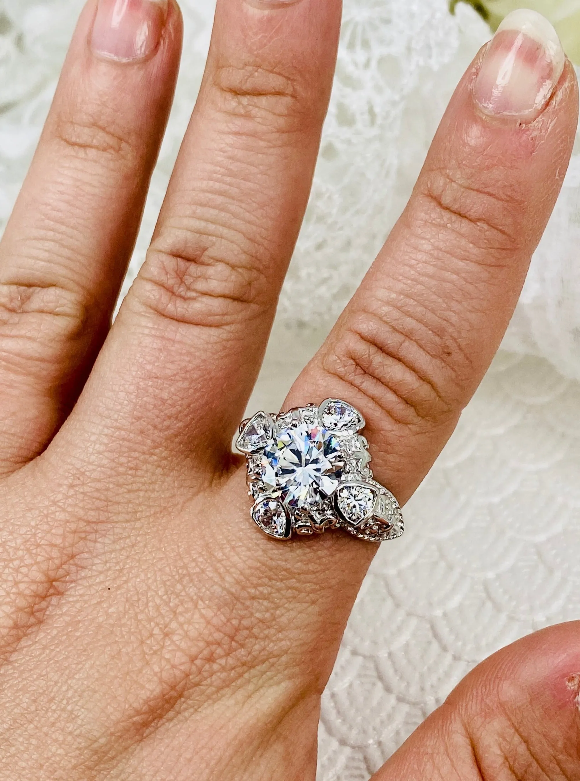 White CZ 5-Gem Art Deco Ring, Vintage Revival Jewelry #D138