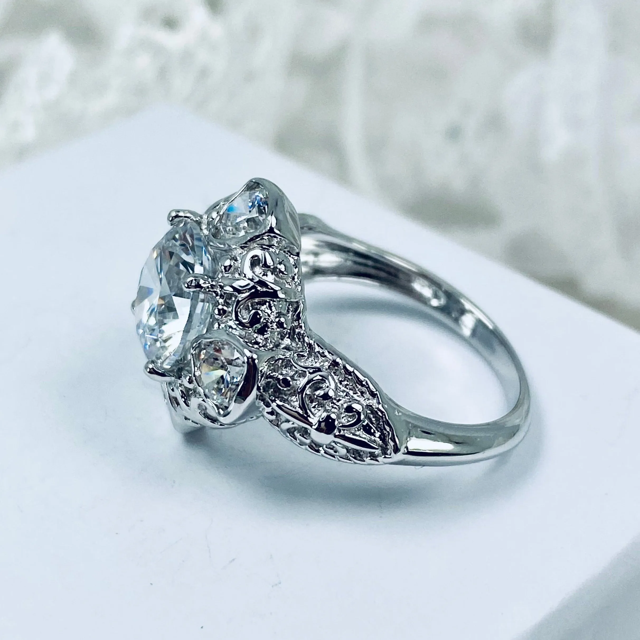 White CZ 5-Gem Art Deco Ring, Vintage Revival Jewelry #D138