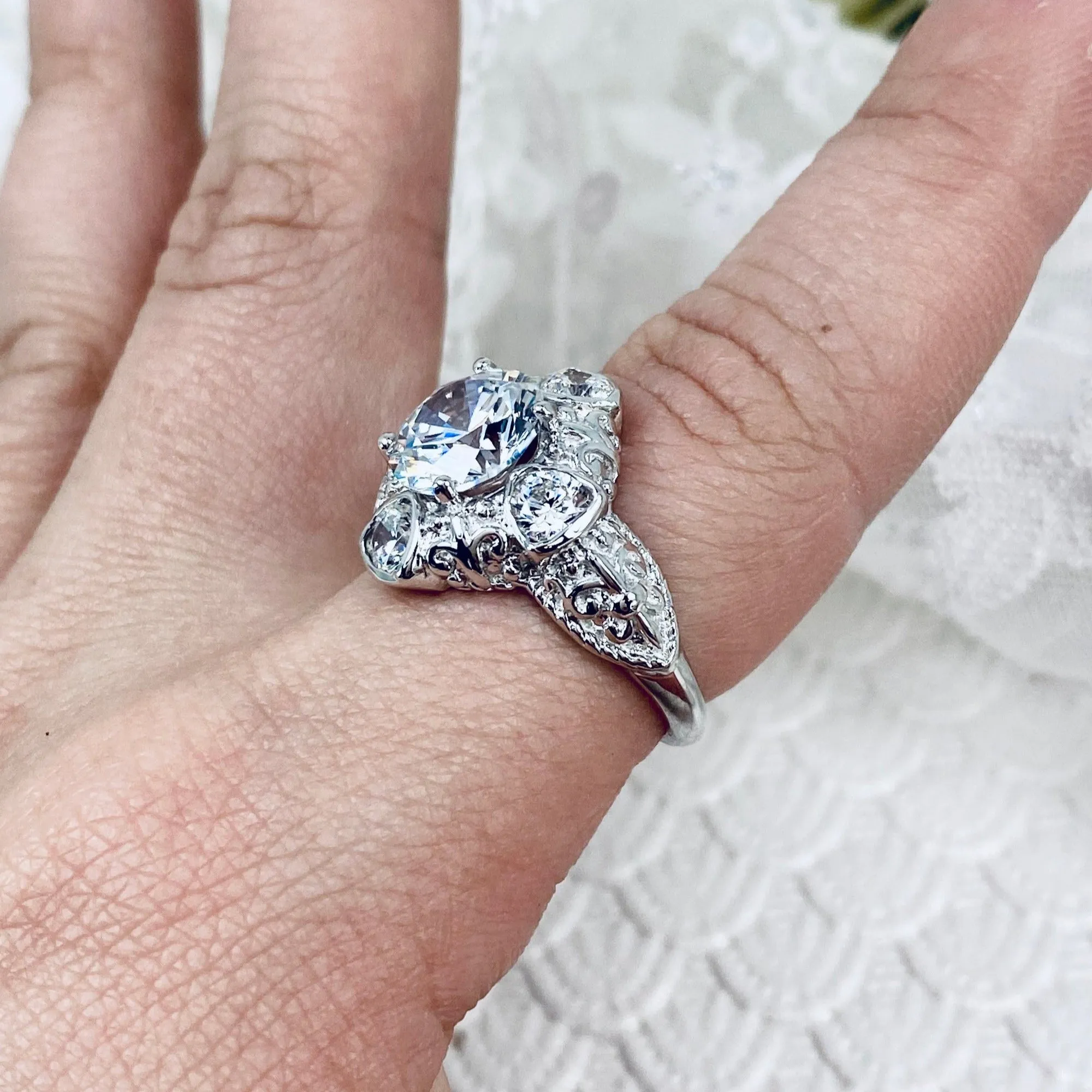 White CZ 5-Gem Art Deco Ring, Vintage Revival Jewelry #D138