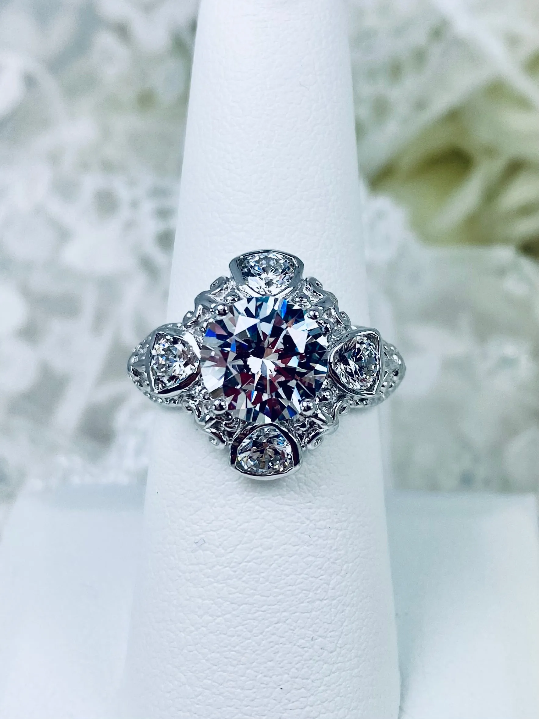 White CZ 5-Gem Art Deco Ring, Vintage Revival Jewelry #D138