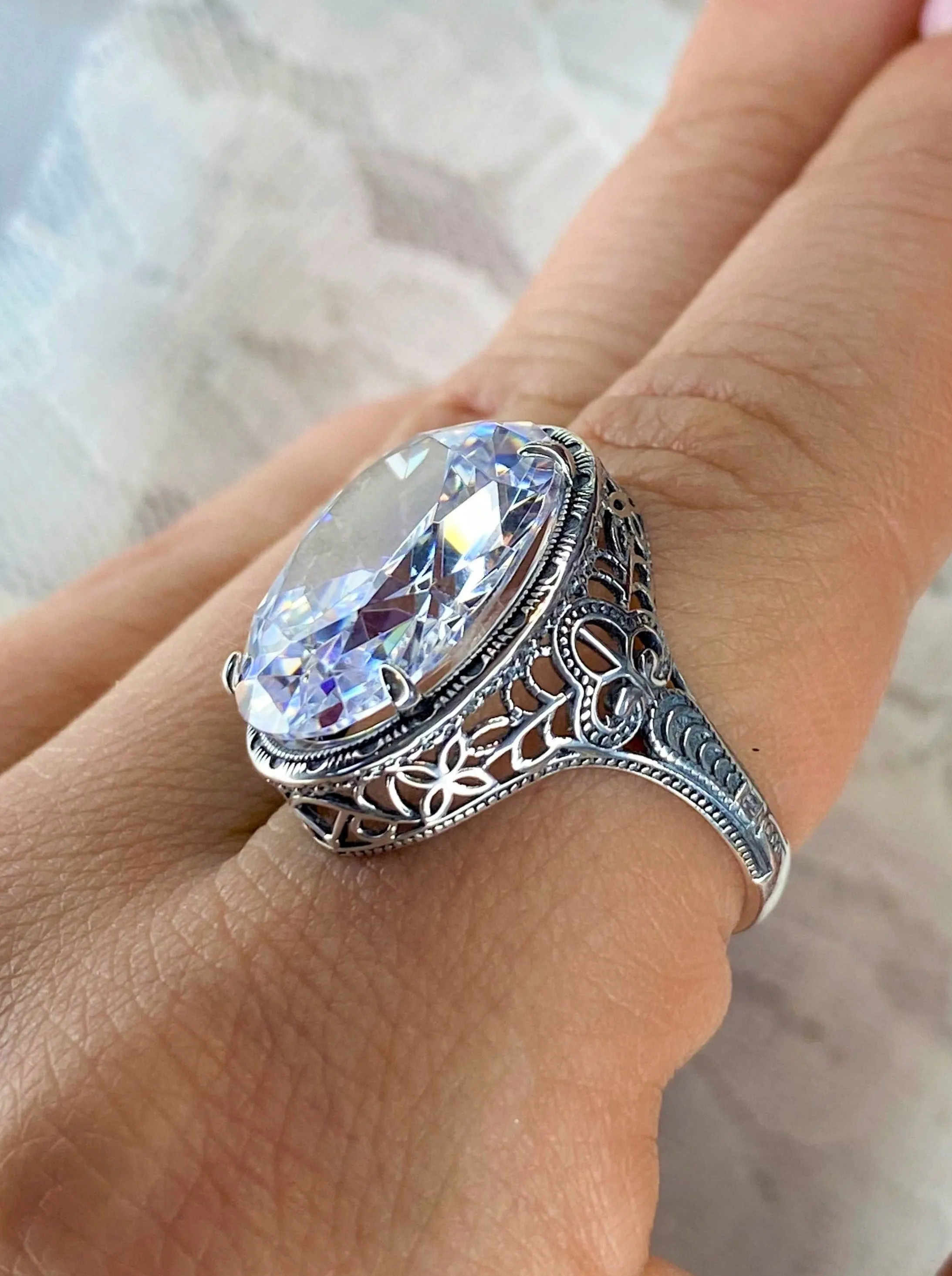 White CZ Persian Ring, Size 5, Art Deco Vintage Revival Jewelry #D230 - Ready to Ship