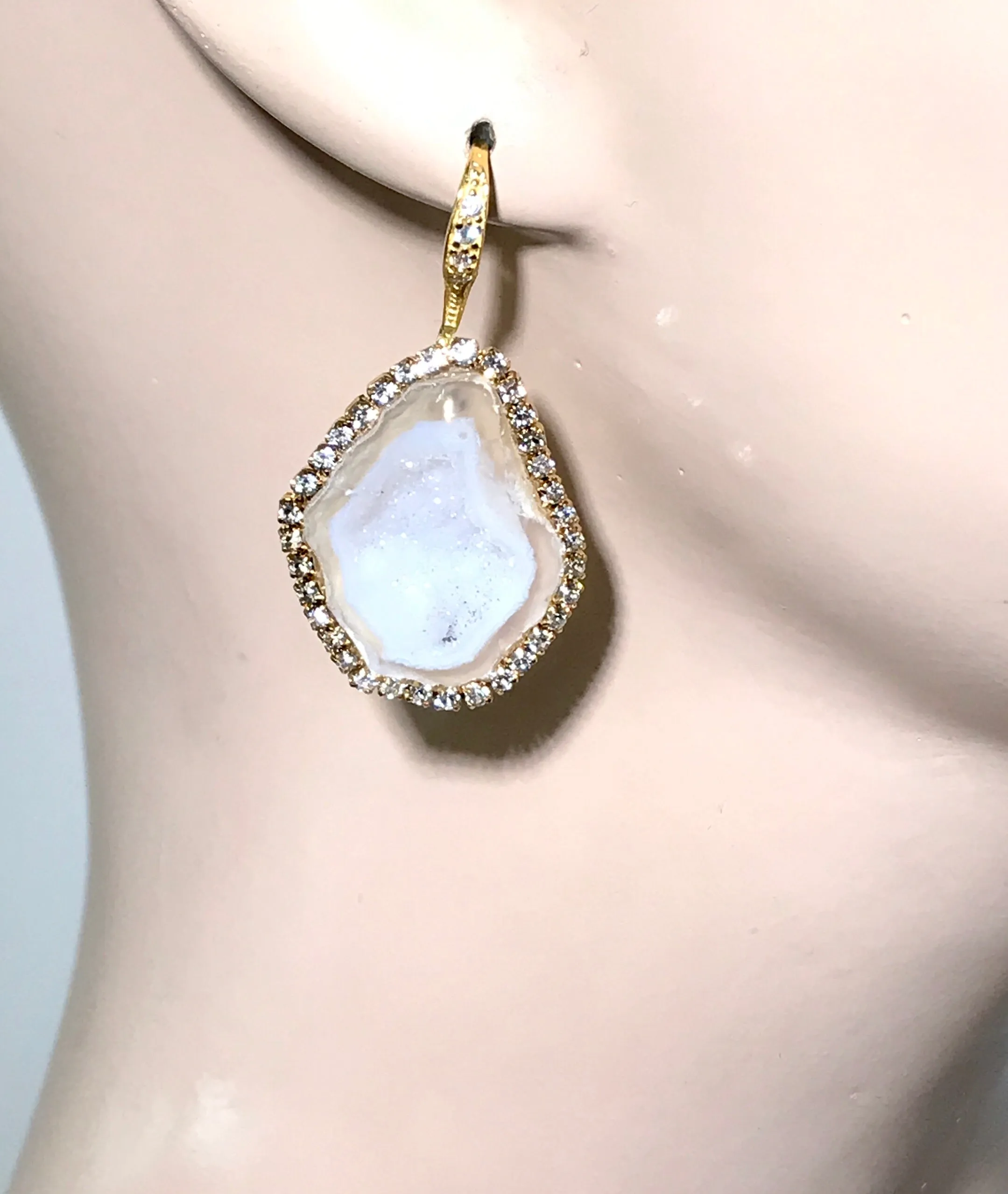 White Ivory Beige Tabasco Geode Wedding Earrings Diamond Style