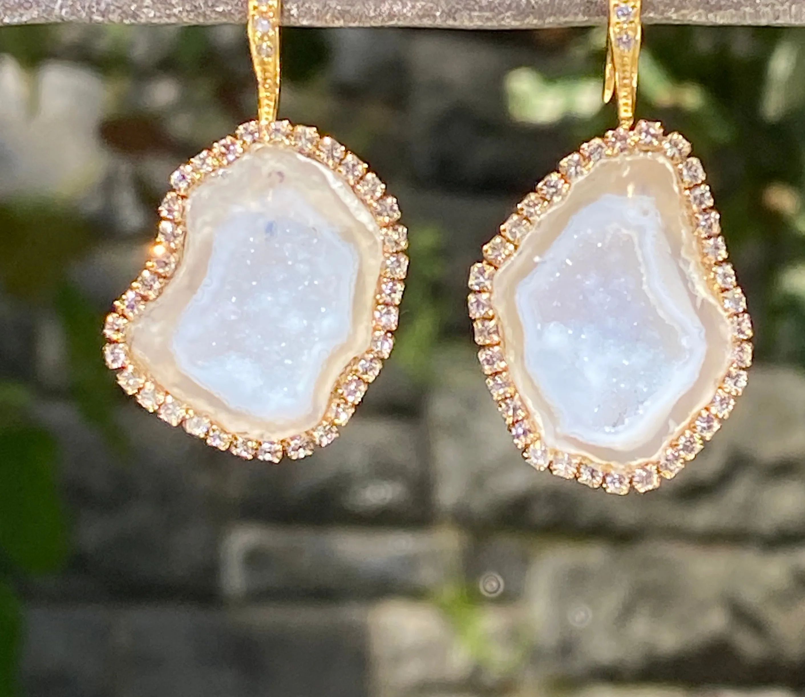White Ivory Beige Tabasco Geode Wedding Earrings Diamond Style
