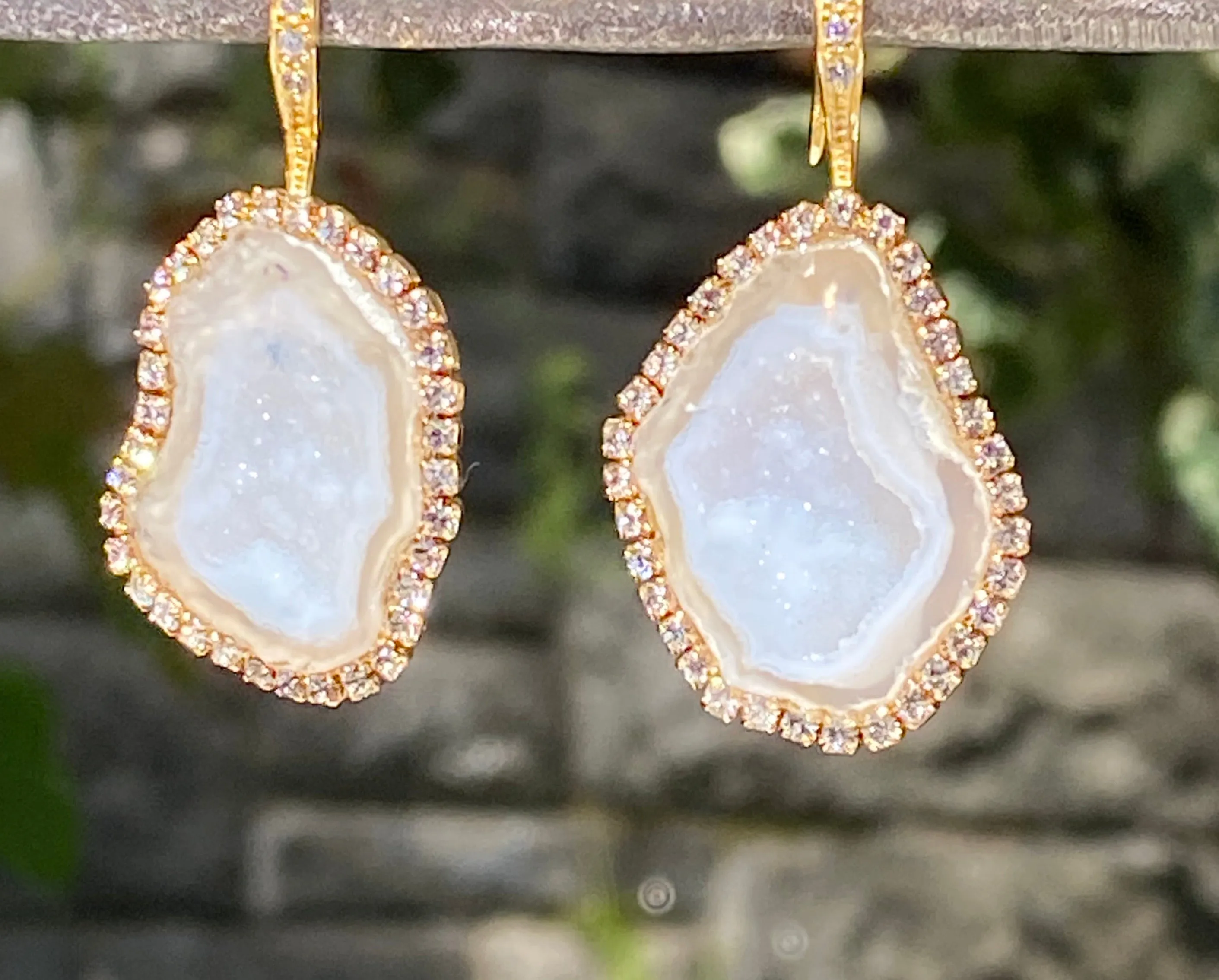 White Ivory Beige Tabasco Geode Wedding Earrings Diamond Style