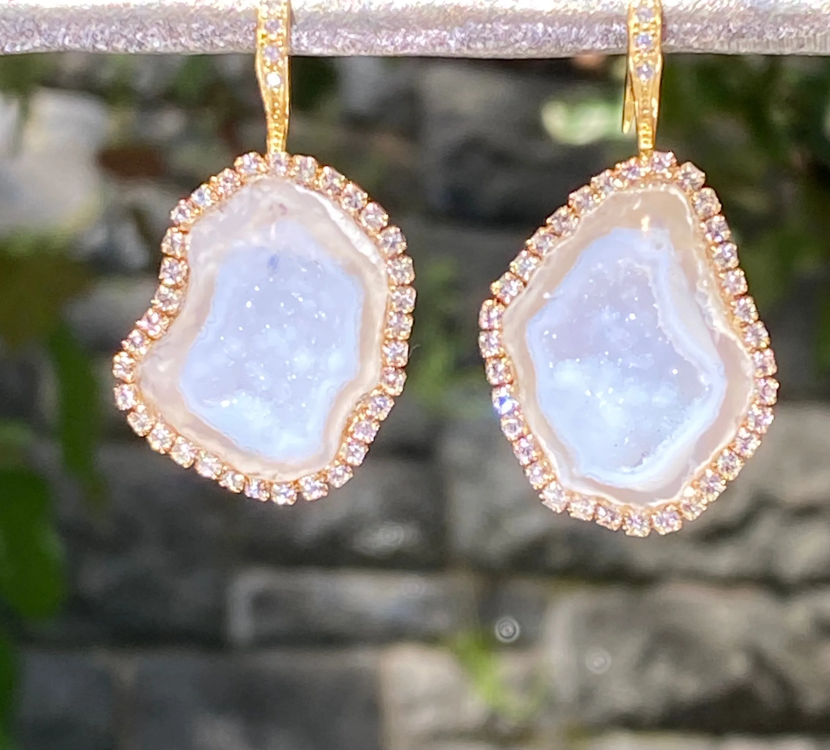 White Ivory Beige Tabasco Geode Wedding Earrings Diamond Style