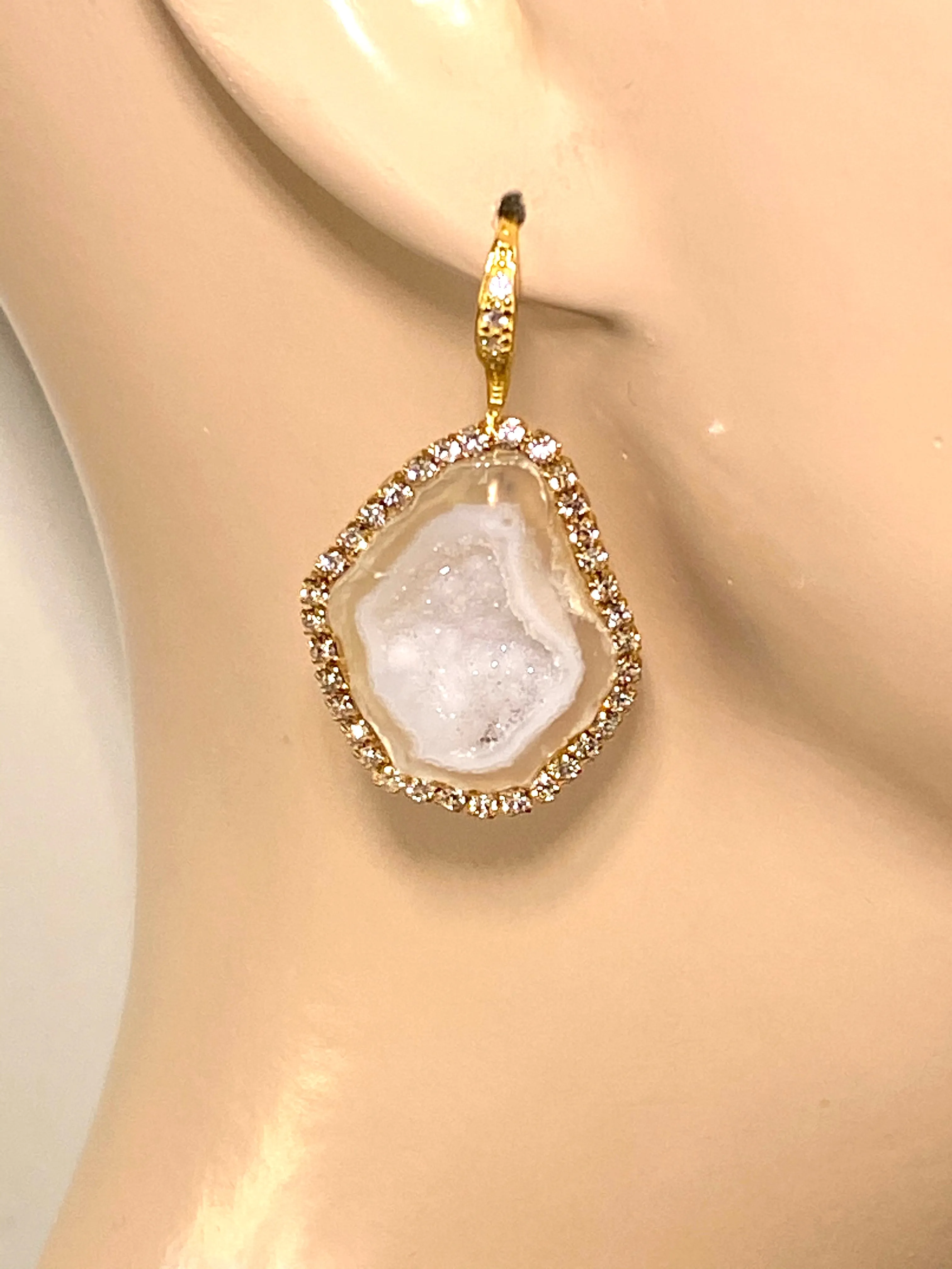 White Ivory Beige Tabasco Geode Wedding Earrings Diamond Style