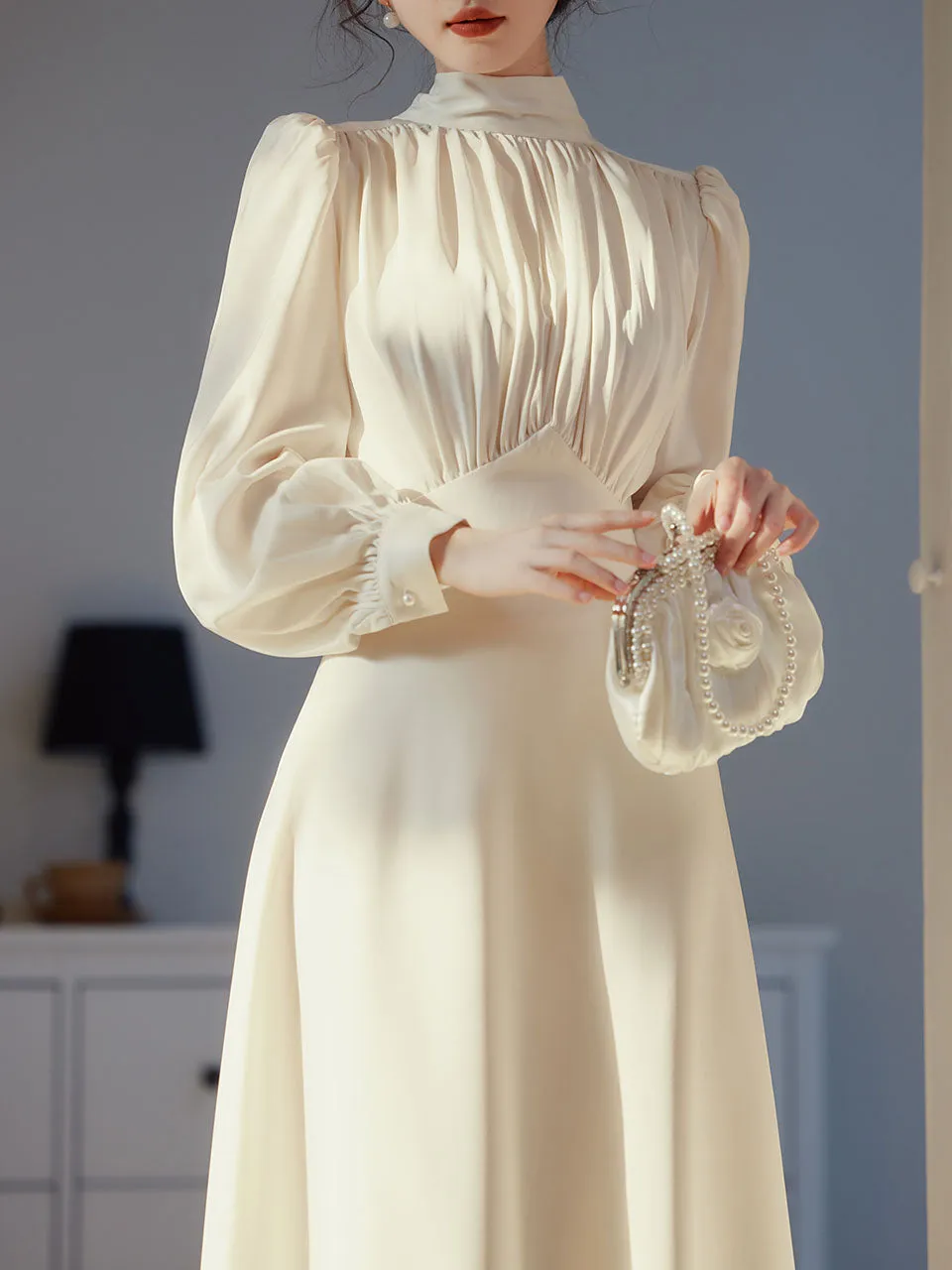 White Satin Pleat Edwardian Revival Vintage Wedding Dress