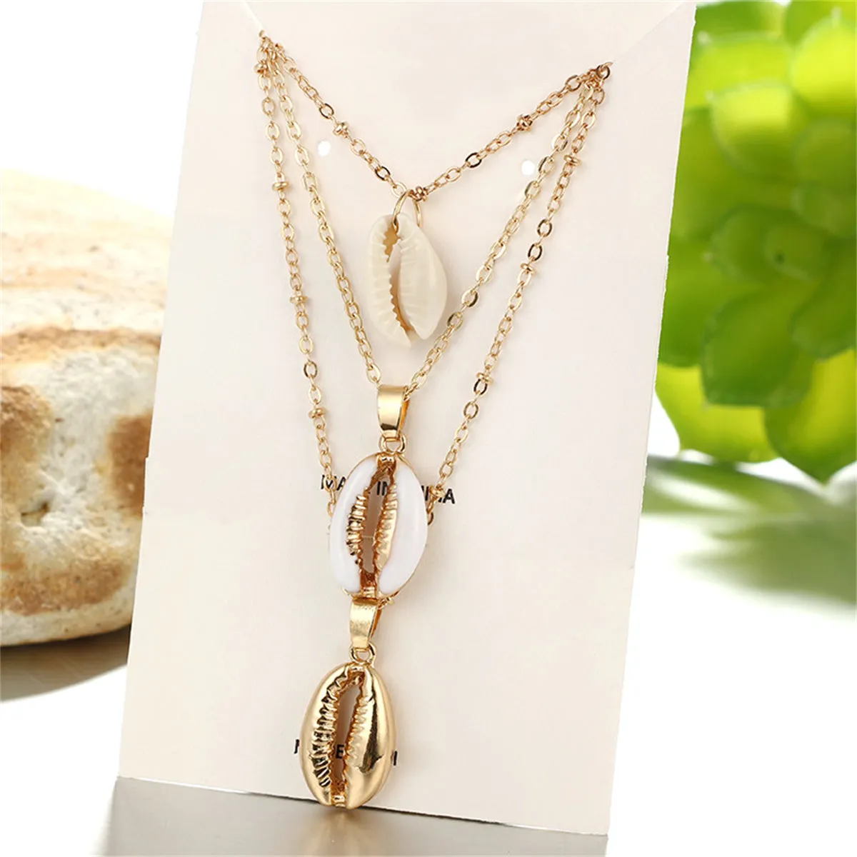 White Shell & 18K Gold-Plated Cowrie Triple-Layer Pendant Necklace
