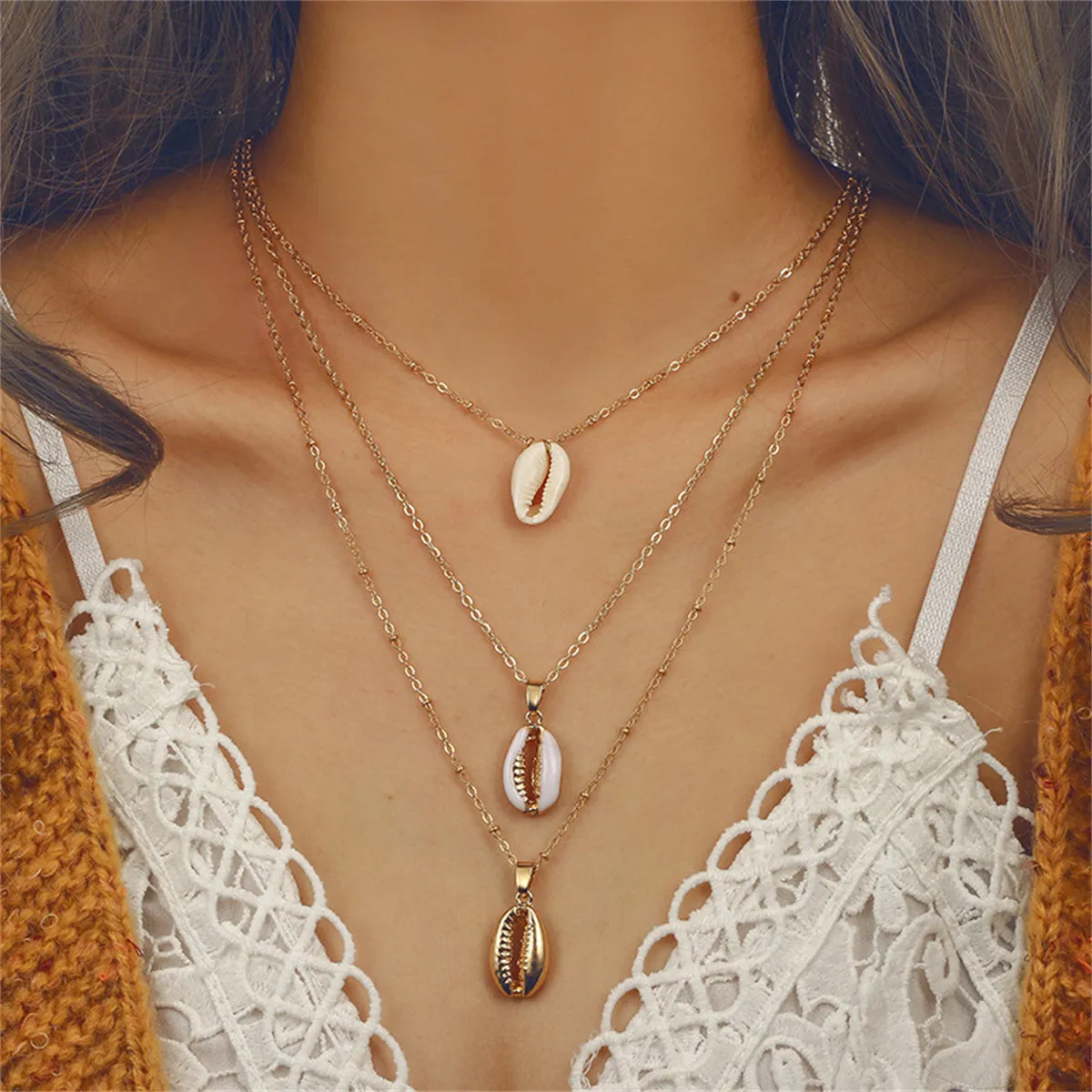 White Shell & 18K Gold-Plated Cowrie Triple-Layer Pendant Necklace