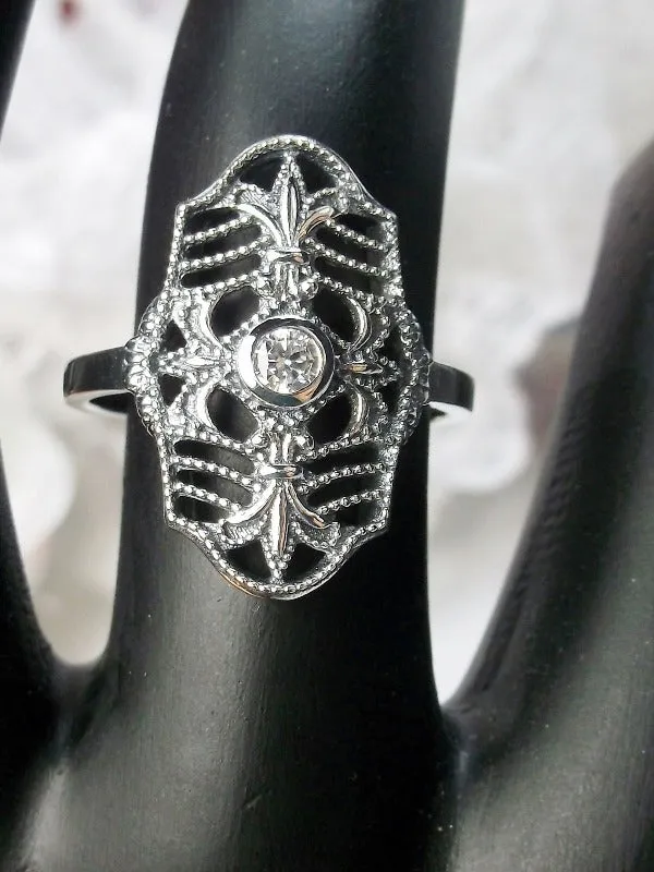 White Topaz Ring, Natural or CZ Gemstone, Fleur de Lis Jewelry, Art Deco Vintage Jewelry #D216