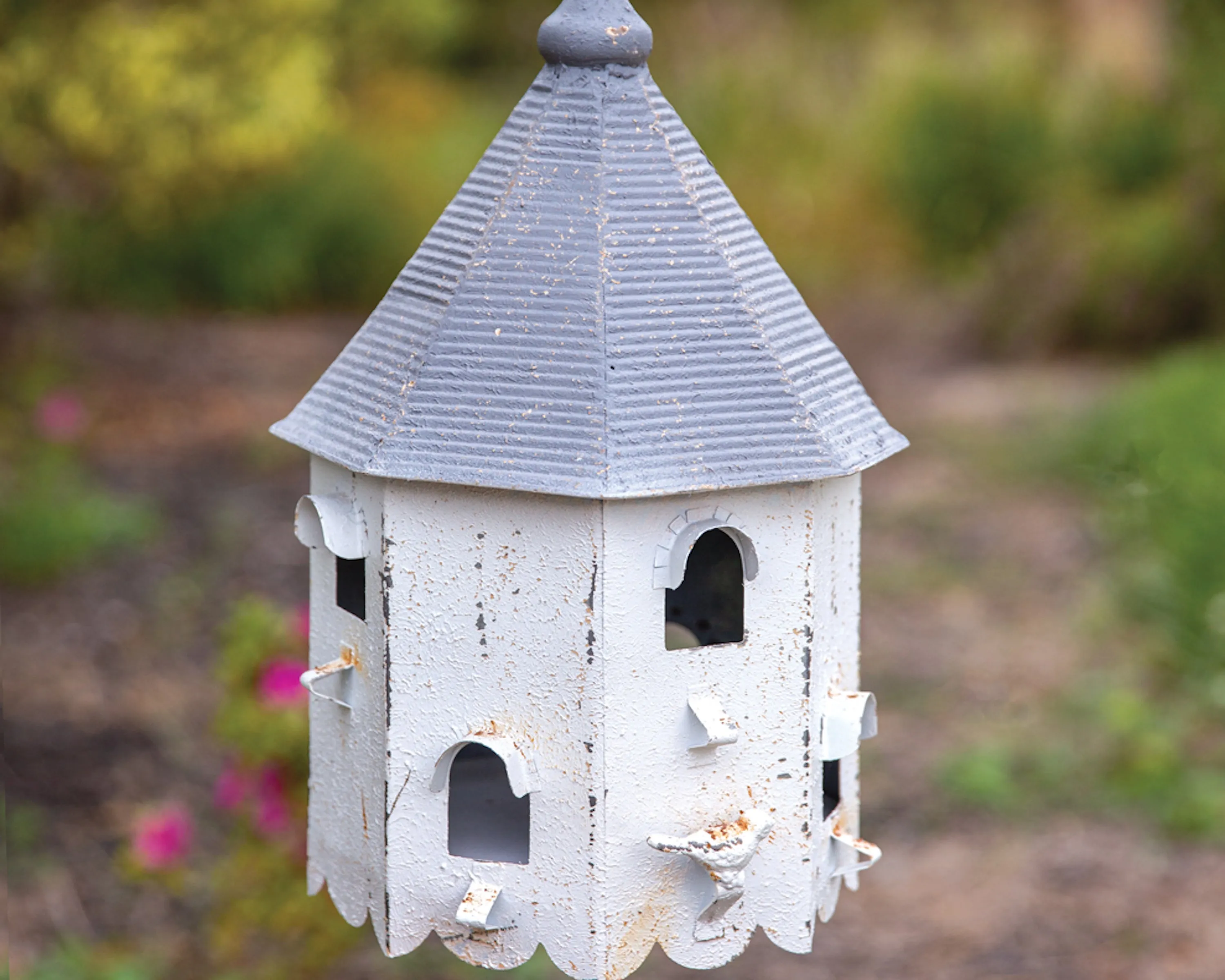 White vintage style metal birdhouse bungalow