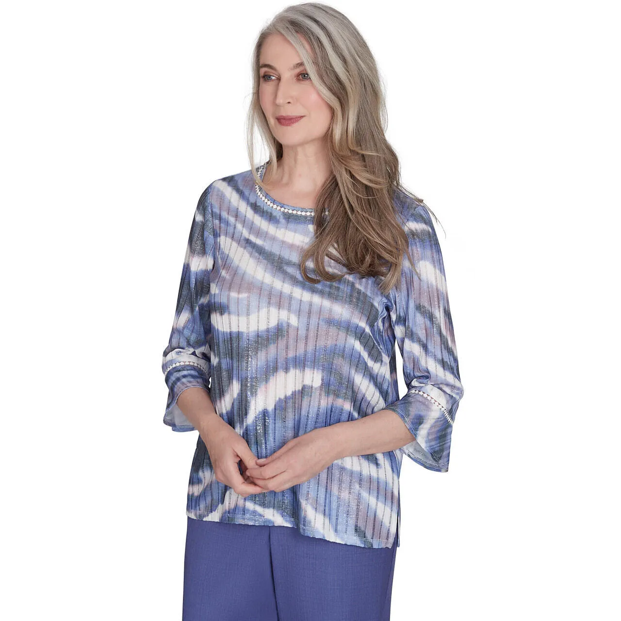 Women's Watercolor Animal Stripe Bell Sleeve Top - 72455