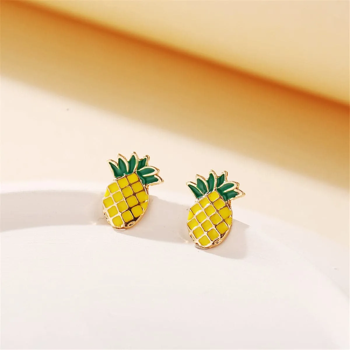 Yellow & Green Enamel Pineapple Stud Earrings
