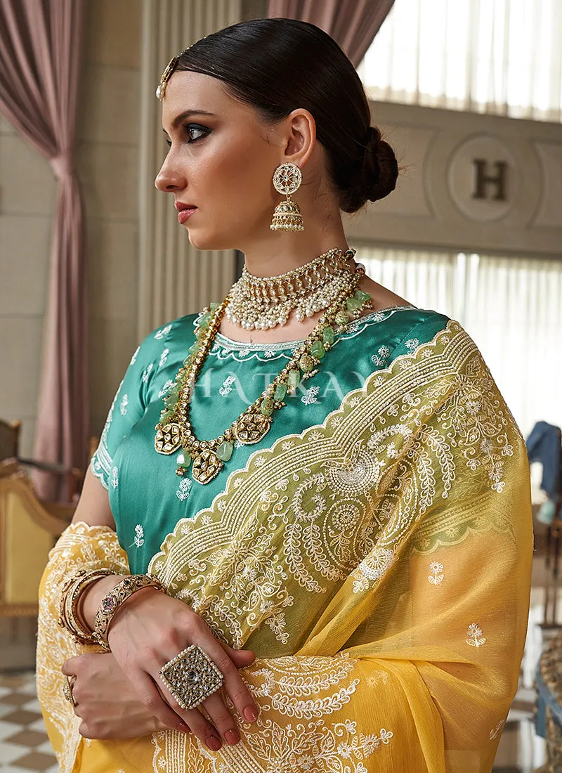 Yellow And Teal Embroidery Silk Saree
