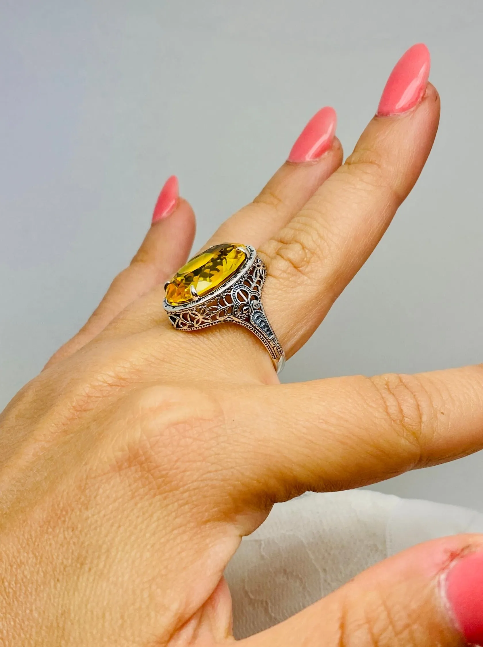 Yellow Citrine Ring, Art Deco Vintage Revival Jewelry #D230