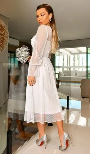 Zelina | Elegant A-Line Long Sleeve Tea Length Wedding Dresses